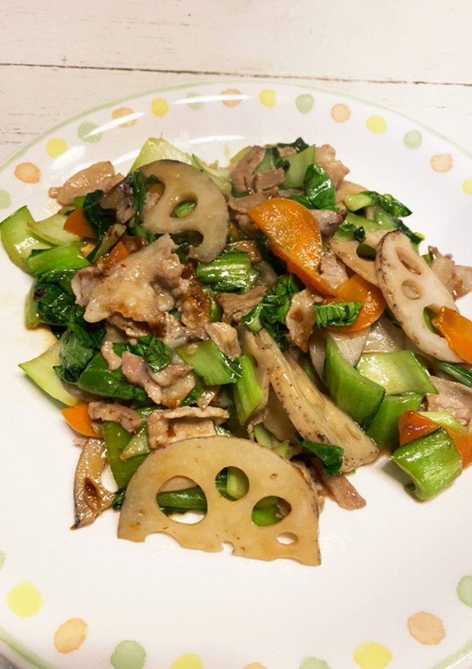 蓮根と青梗菜と豚バラ肉の中華炒め-レシピのメイン写真