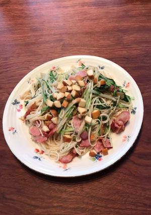 そうめんdeペペロンチーノ水菜とベーコン-レシピのメイン写真