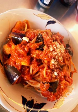 トマト缶で簡単！なすとにんにくパスタ！-レシピのメイン写真