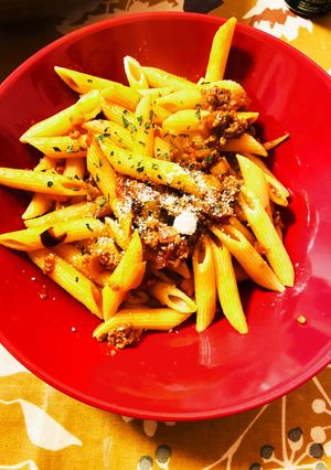 簡単ゴボウ挽肉のトマトパスタご馳走ペンネ-レシピのメイン写真