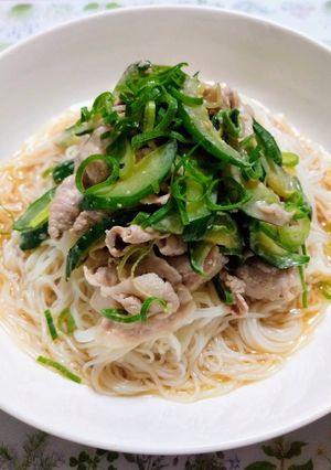 夏の夕飯簡単昼食胡瓜豚しゃぶゴマダレ素麺-レシピのメイン写真