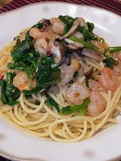 春菊とむきエビのパスタ-レシピのメイン写真