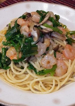 春菊とむきエビのパスタ-レシピのメイン写真