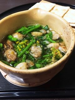 春味♪菜の花とホタテのアヒージョ-レシピのメイン写真