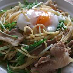 豚肉と水菜の和風パスタ☆温玉添え-レシピのメイン写真