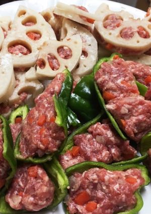 蓮根のはさみ焼きとピーマンの肉詰め！-レシピのメイン写真