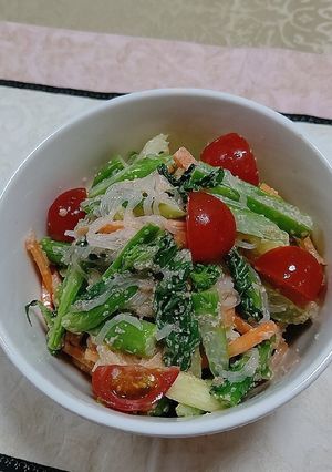 アスパラ菜の花しらたきの明明太マヨサラダ-レシピのメイン写真