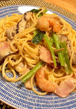 ベーコン、エビ、野菜の味噌クリームパスタ-レシピのメイン写真