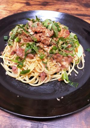 塩やきとり缶を使った梅シソパスタ-レシピのメイン写真