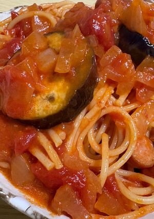 ナスとトマト缶のワンパンパスタ-レシピのメイン写真