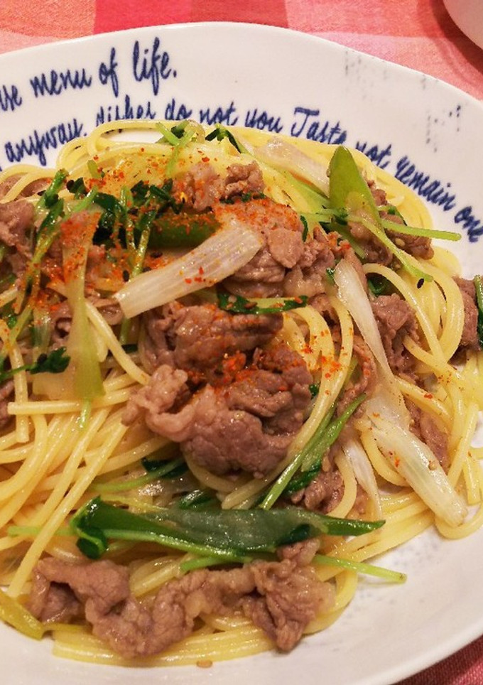 牛肉と長ねぎと豆苗の和風パスタ-レシピのメイン写真