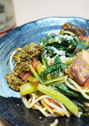 川俣菜と夏野菜のトマトソースパスタ-レシピのメイン写真