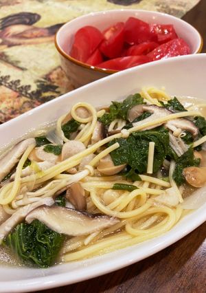 鍋一つ！きのこと菜の花の和風スープパスタ-レシピのメイン写真