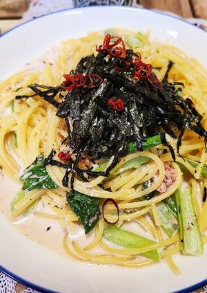 簡単★ランチ江戸菜のたらこクリームパスタ-レシピのメイン写真