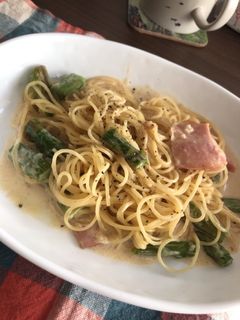 アスパラベーコンのめんつゆクリームパスタ-レシピのメイン写真