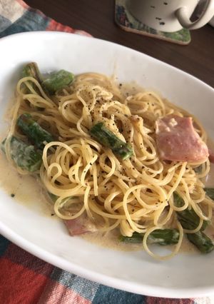 アスパラベーコンのめんつゆクリームパスタ-レシピのメイン写真