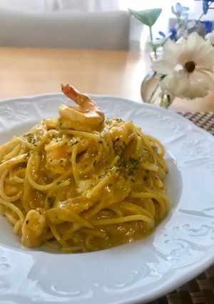 レンジで簡単！海老のカレーカルボナーラ-レシピのメイン写真