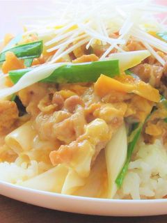 ガッツリ飯!豚バラ肉とニラの卵とじ丼-レシピのメイン写真