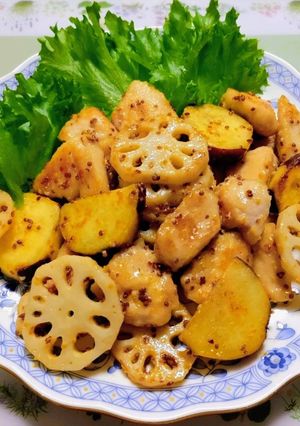 簡単夕飯昼食！薩摩芋と蓮根と鶏肉マスタード炒め-レシピのメイン写真
