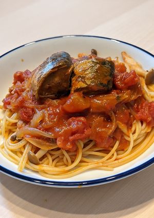缶詰２つ！さば味噌トマトソースパスタ-レシピのメイン写真