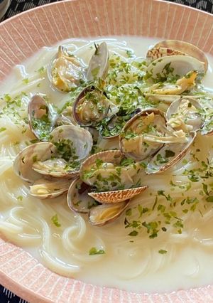 乾麺の冷麦であさりの豆乳汁麺-レシピのメイン写真