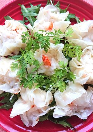 エビとはんぺんのシュウマイ、水菜にのせ-レシピのメイン写真