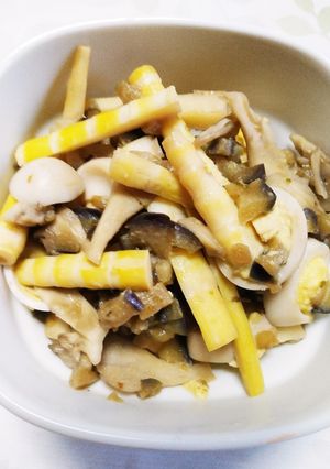 細竹とうずらの卵となすとまいたけの炒め物-レシピのメイン写真
