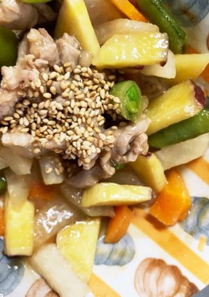 全てレンジ大根さつま芋ポン照り青椒肉絲風-レシピのメイン写真