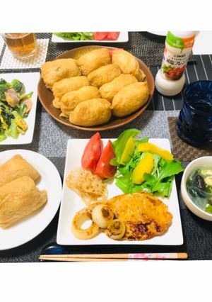 いなり寿司で豚味噌だれメインの晩ご飯-レシピのメイン写真