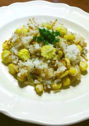 ヤングコーンのガーリックライス　燕麦ご飯-レシピのメイン写真