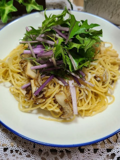 簡単★赤みず菜としらすのペペロンチーノ-レシピのメイン写真