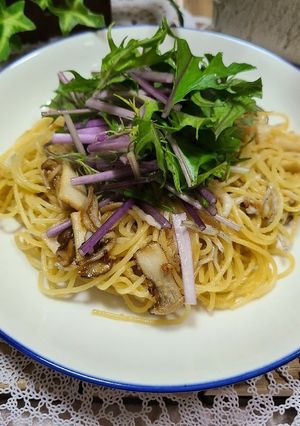 簡単★赤みず菜としらすのペペロンチーノ-レシピのメイン写真