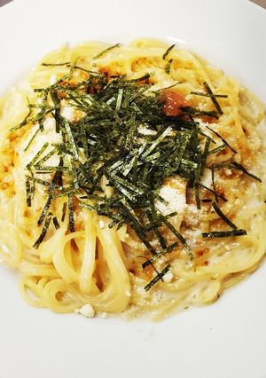 「煮込む」梅昆布茶の和風クリームパスタ-レシピのメイン写真