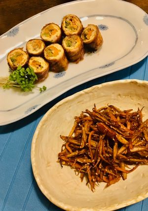 油揚げとバラ肉の野菜巻き、きんぴらごぼう-レシピのメイン写真