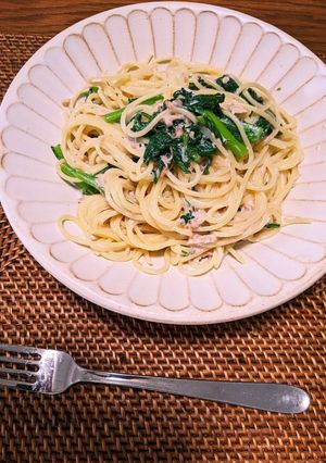 春菊の和風梅マヨパスタ-レシピのメイン写真