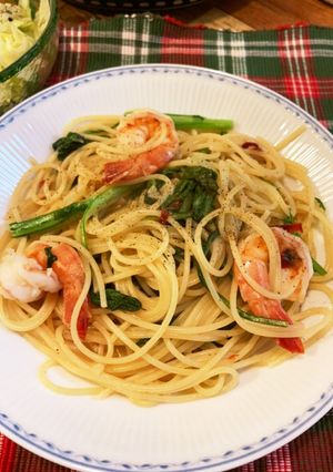 簡単本格的☆菊菜とエビのペペロンチーノ-レシピのメイン写真