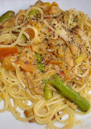 トマトとツナとアスパラでカルボナーラ風-レシピのメイン写真
