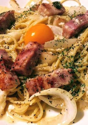 香川県・小豆島の新玉ねぎ豆乳カルボナーラ-レシピのメイン写真