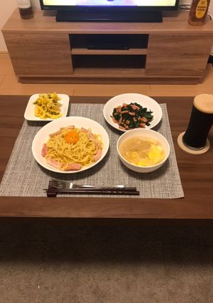 カルボナーラほうれん草ソテー南瓜サラダ-レシピのメイン写真