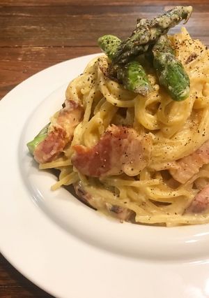 フライパンで♡アスパラ豆乳カルボナーラ-レシピのメイン写真