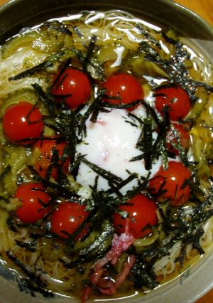 ヘルシー！ゴーヤとミニトマトの温玉素麺！-レシピのメイン写真