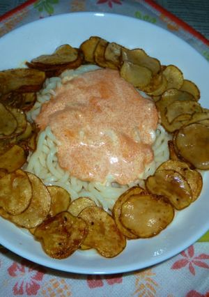 自家製ポテチの冷やしうどん+明太マヨ-レシピのメイン写真