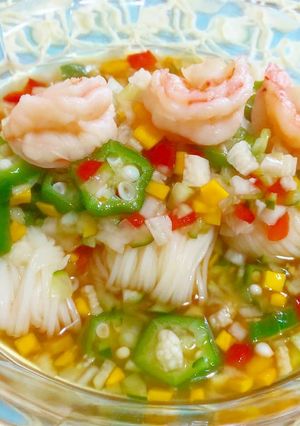オクラ山芋夏野菜海老のだしぶっかけ素麺-レシピのメイン写真