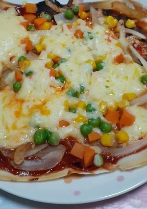 お米の皮と書いてある春巻きの皮でピザ。-レシピのメイン写真