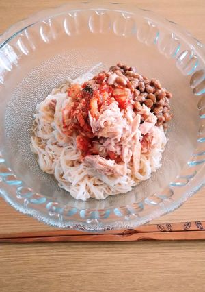 夏バテ防止①簡単キムチツナ納豆そうめん-レシピのメイン写真