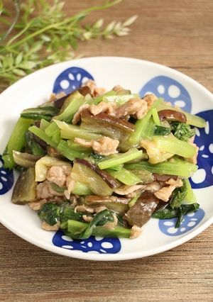 レンジで簡単！豚茄子小松菜の炒め物-レシピのメイン写真