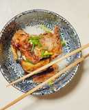 めんつゆ鶏の半身揚げとなすの揚げ浸し丼♪