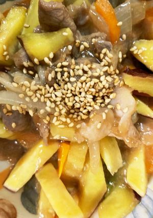 全てレンジさつま芋豚こまオイ酢青椒肉絲風-レシピのメイン写真