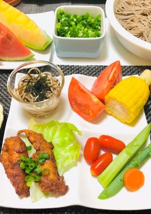 唐揚げ・冷たい蕎麦・夏の夕食メニュー-レシピのメイン写真