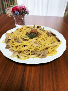 ☆簡単☆豚とエリンギの和風パスタ梅肉添え-レシピのメイン写真